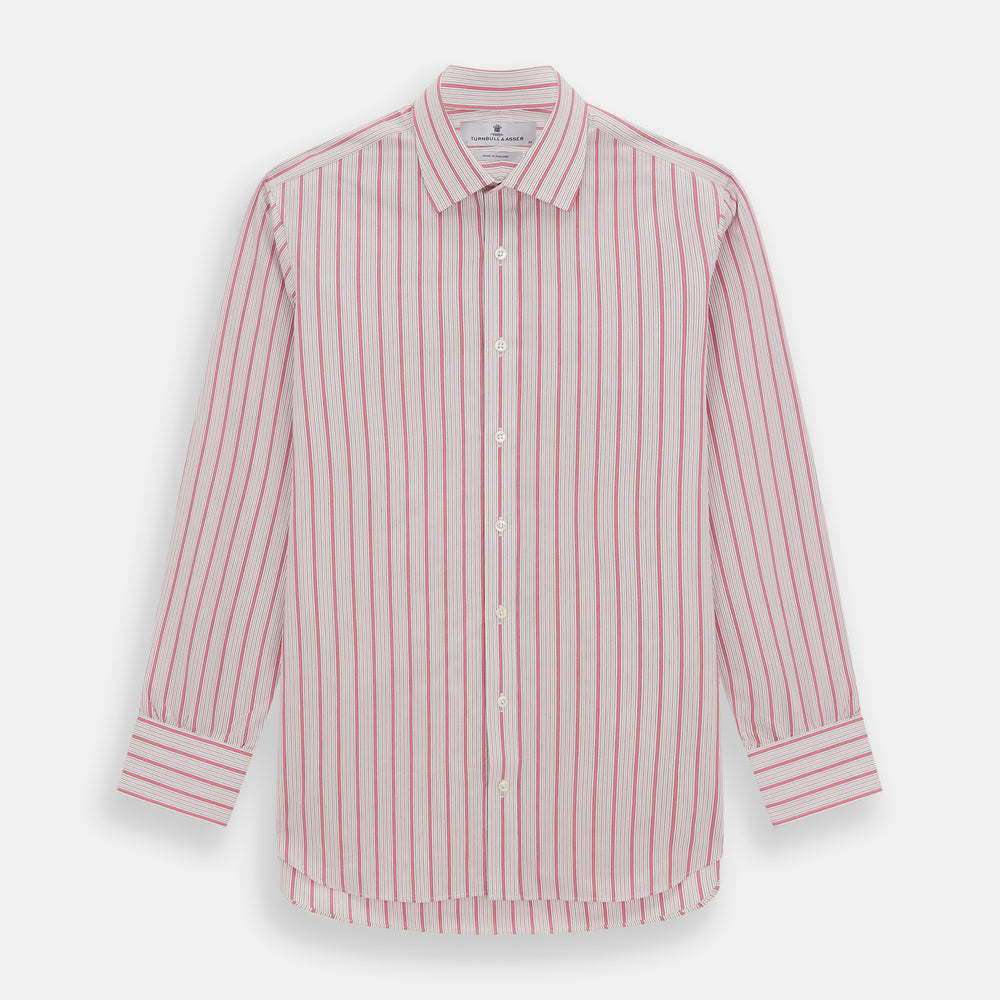 The Turnbull & Asser Pink Multi Track Stripe Mayfair Shirt features long sleeves, a button-down front, classic collar, and buttoned cuffs with red and pink stripes on white, neatly displayed on a light background.