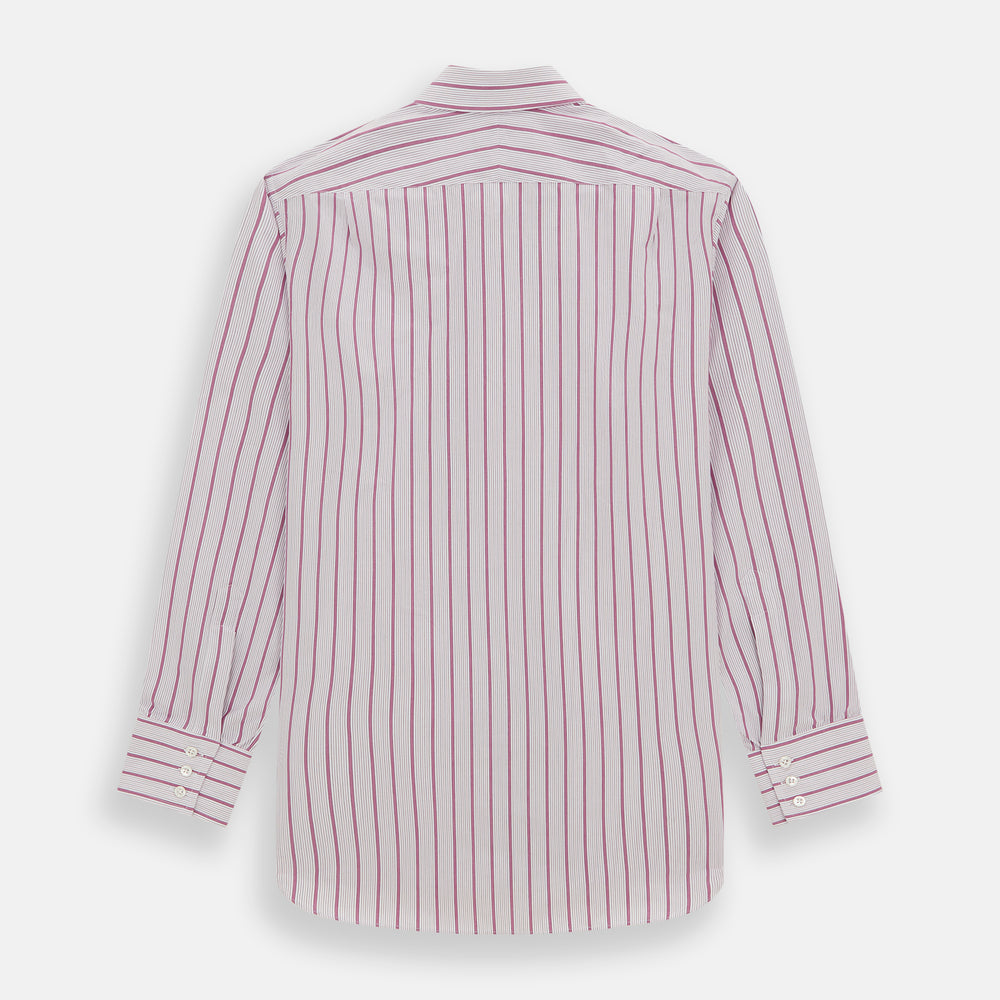 A long-sleeved, collared Turnbull & Asser Purple Multi Track Stripe Mayfair Shirt with buttons, showcasing vertical purple multi-colored stripes, neatly displayed against a plain background.