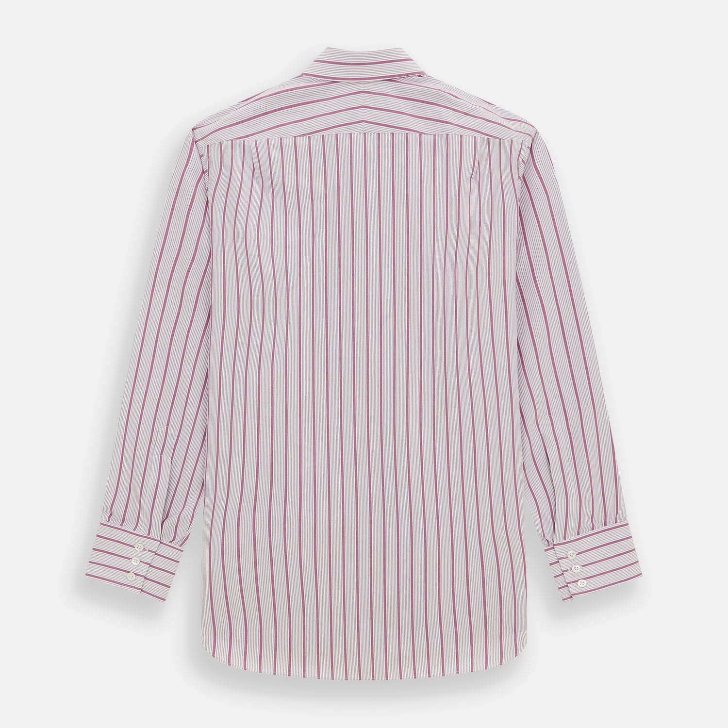 View 5 of product A long-sleeved, collared Turnbull & Asser Purple Multi Track Stripe Mayfair Shirt with buttons, showcasing vertical purple multi-colored stripes, neatly displayed against a plain background.