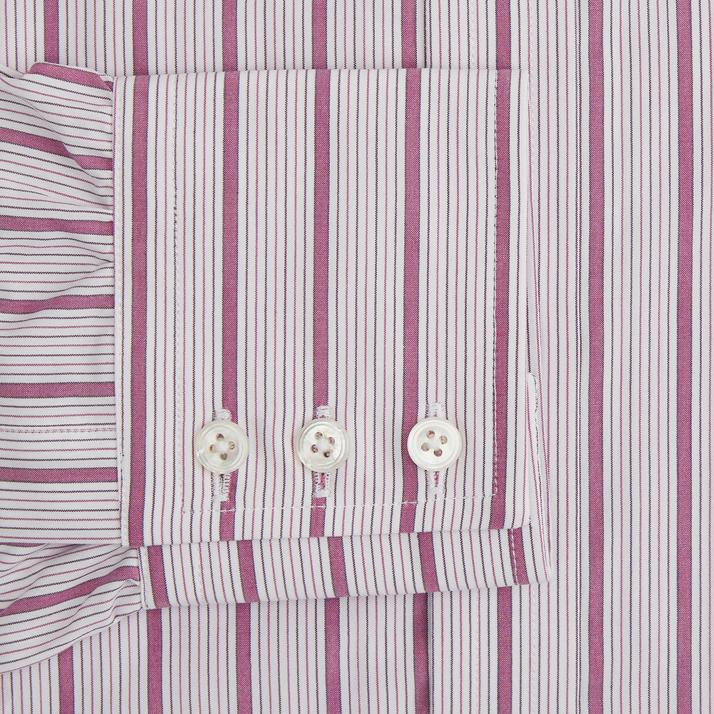 A long-sleeved, collared Turnbull & Asser Purple Multi Track Stripe Mayfair Shirt with buttons, showcasing vertical purple multi-colored stripes, neatly displayed against a plain background.