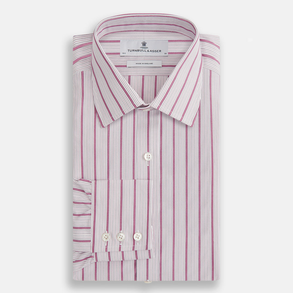 A long-sleeved, collared Turnbull & Asser Purple Multi Track Stripe Mayfair Shirt with buttons, showcasing vertical purple multi-colored stripes, neatly displayed against a plain background.
