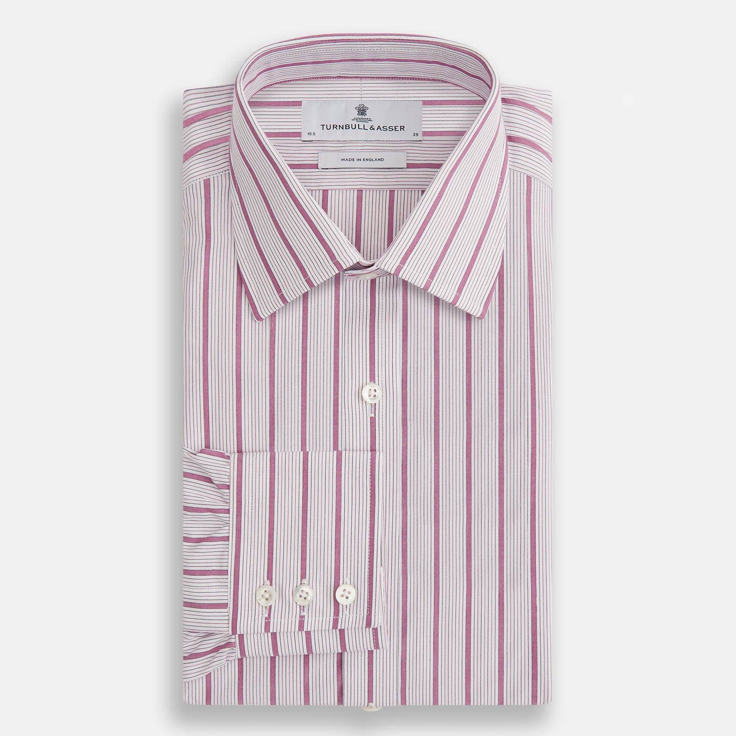 View 4 of product A long-sleeved, collared Turnbull & Asser Purple Multi Track Stripe Mayfair Shirt with buttons, showcasing vertical purple multi-colored stripes, neatly displayed against a plain background.