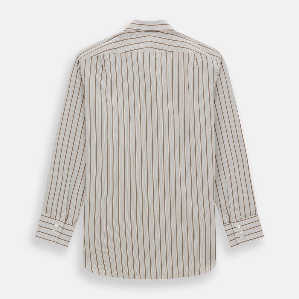 The Brown Multi Track Stripe Mayfair Shirt by Turnbull & Asser is a long-sleeved, collared, button-up in organic cotton with vertical brown and white stripes, classic fit, cuffs, and timeless style—shown on a plain white background.