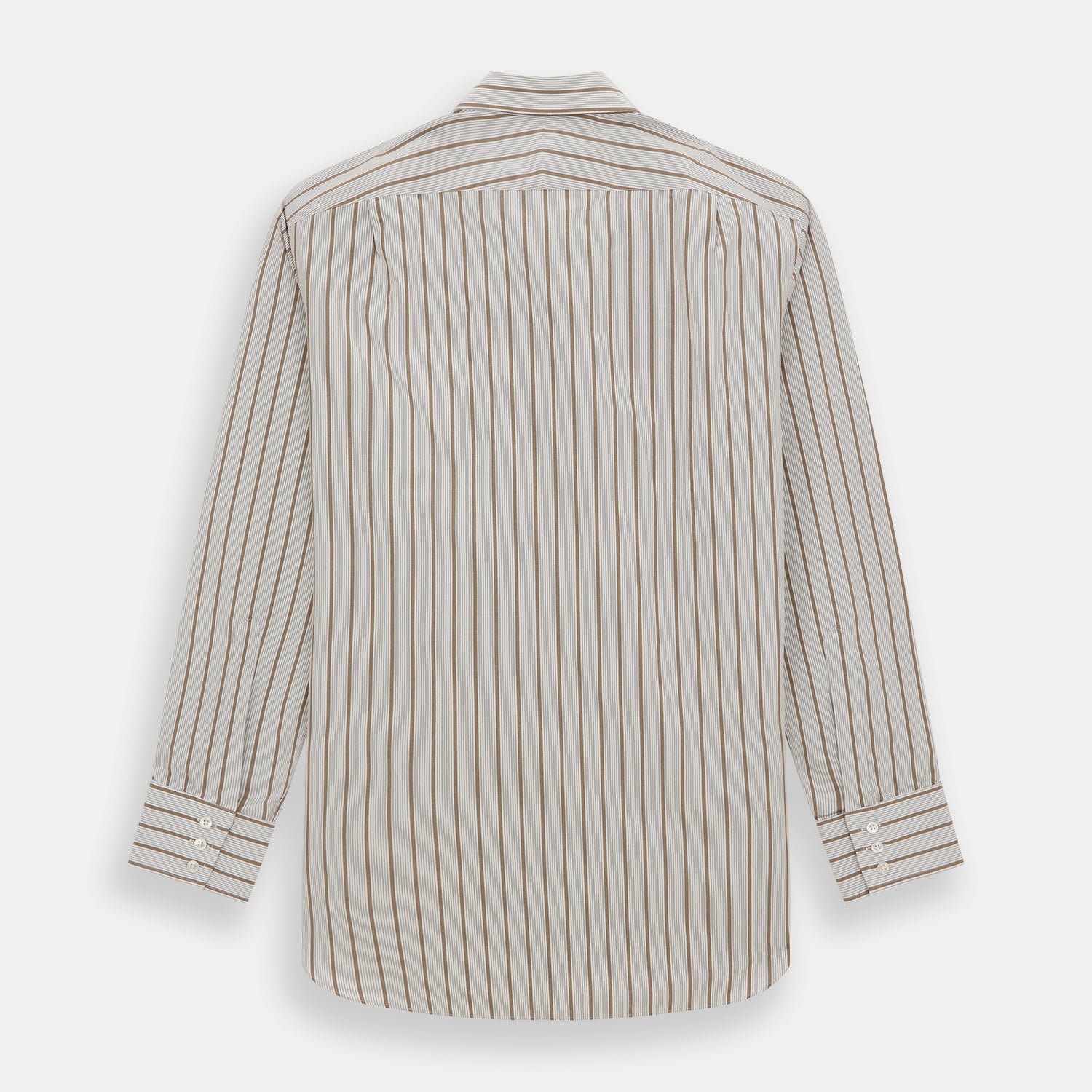 View 5 of product The Brown Multi Track Stripe Mayfair Shirt by Turnbull & Asser is a long-sleeved, collared, button-up in organic cotton with vertical brown and white stripes, classic fit, cuffs, and timeless style—shown on a plain white background.