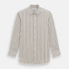 View 1 of product The Brown Multi Track Stripe Mayfair Shirt by Turnbull & Asser is a long-sleeved, collared, button-up in organic cotton with vertical brown and white stripes, classic fit, cuffs, and timeless style—shown on a plain white background.