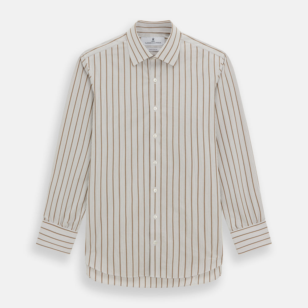 The Brown Multi Track Stripe Mayfair Shirt by Turnbull & Asser is a long-sleeved, collared, button-up in organic cotton with vertical brown and white stripes, classic fit, cuffs, and timeless style—shown on a plain white background.