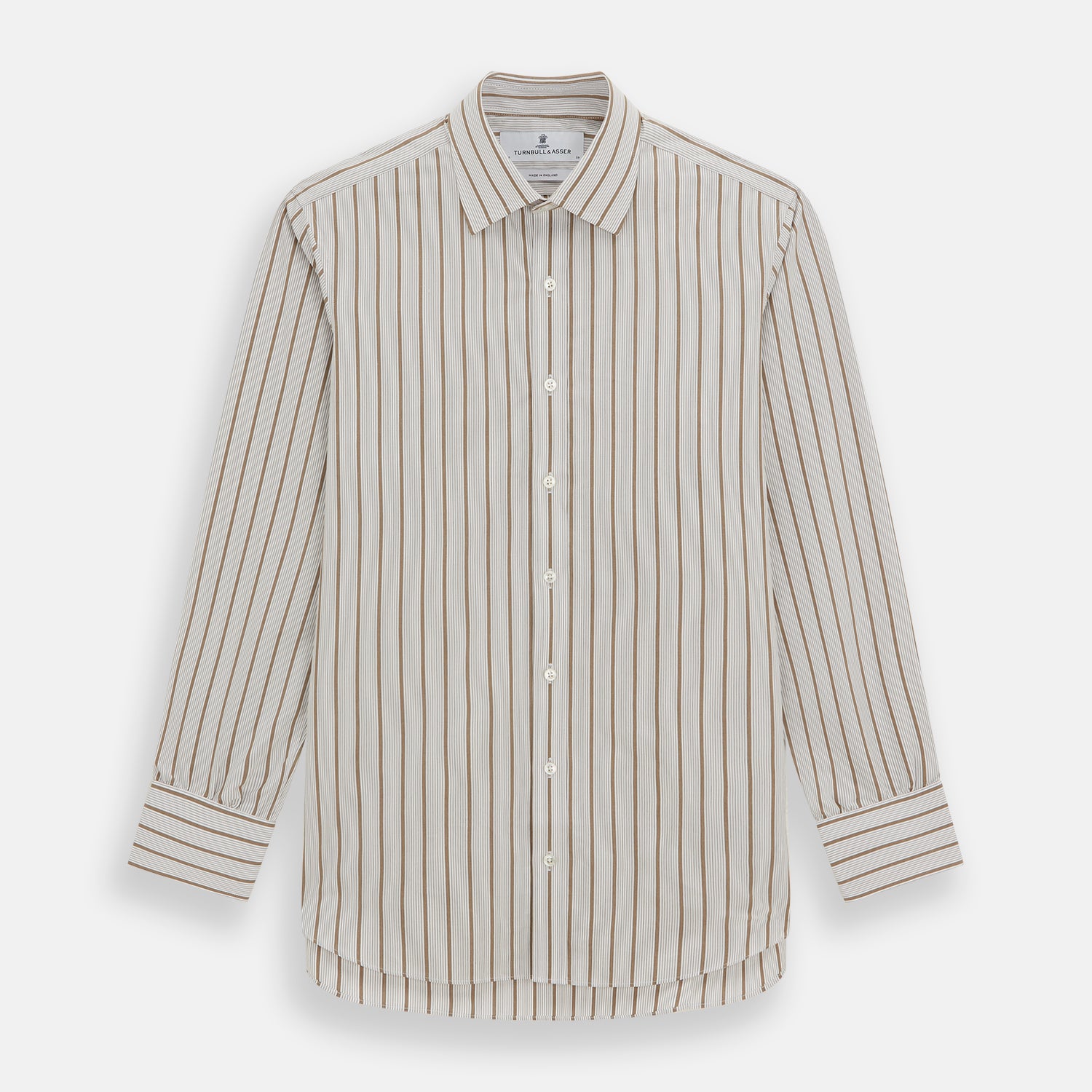 View 1 of product The Brown Multi Track Stripe Mayfair Shirt by Turnbull & Asser is a long-sleeved, collared, button-up in organic cotton with vertical brown and white stripes, classic fit, cuffs, and timeless style—shown on a plain white background.