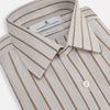 View 2 of product The Brown Multi Track Stripe Mayfair Shirt by Turnbull & Asser is a long-sleeved, collared, button-up in organic cotton with vertical brown and white stripes, classic fit, cuffs, and timeless style—shown on a plain white background.