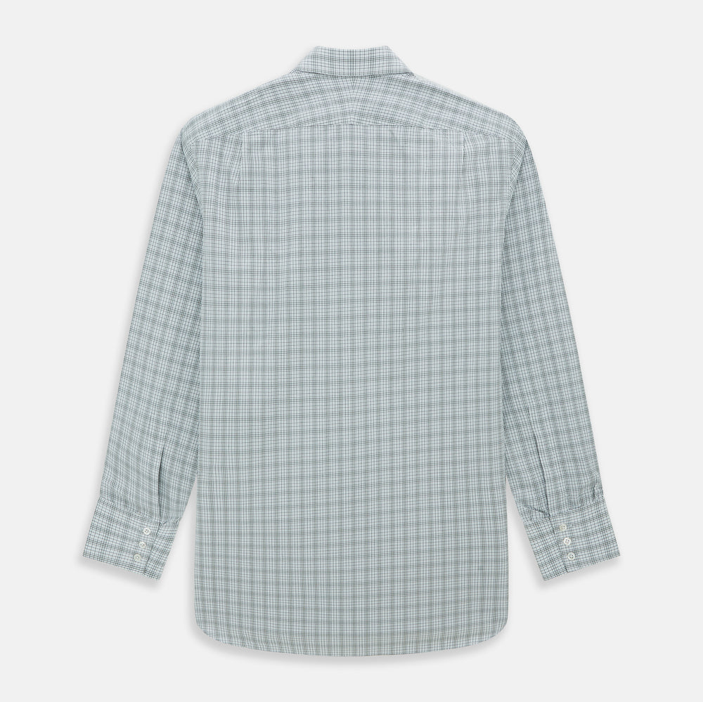 The Turnbull & Asser Grey Fine Multi Graph Check Mayfair Shirt features a breathable cotton fabric, classic T&A collar, white buttons, and a subtle plaid pattern, displayed on a white background.