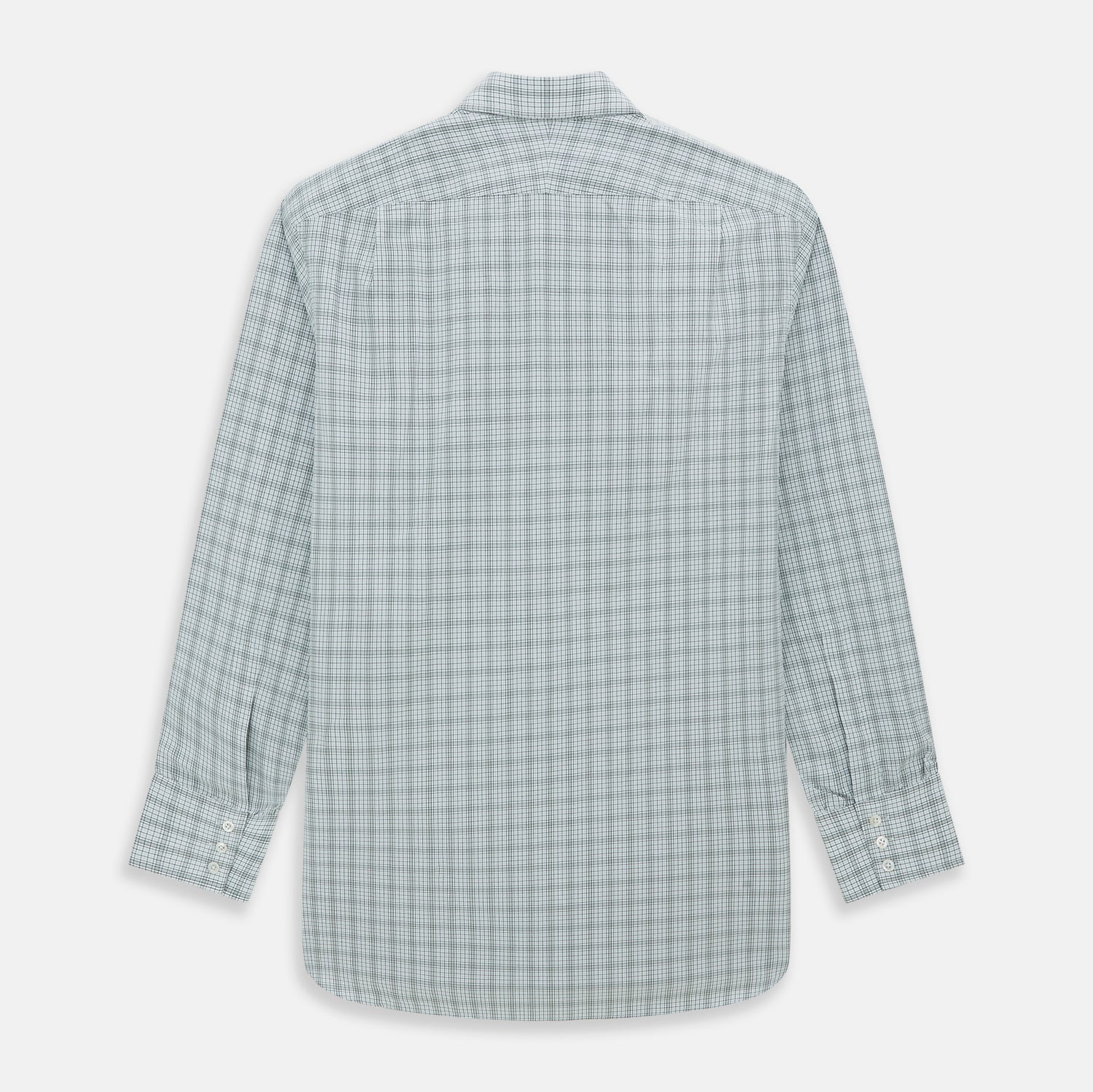 View 6 of product The Turnbull & Asser Grey Fine Multi Graph Check Mayfair Shirt features a breathable cotton fabric, classic T&A collar, white buttons, and a subtle plaid pattern, displayed on a white background.