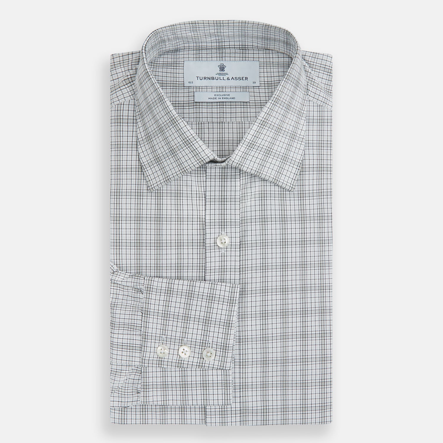View 4 of product The Turnbull & Asser Grey Fine Multi Graph Check Mayfair Shirt features a breathable cotton fabric, classic T&A collar, white buttons, and a subtle plaid pattern, displayed on a white background.