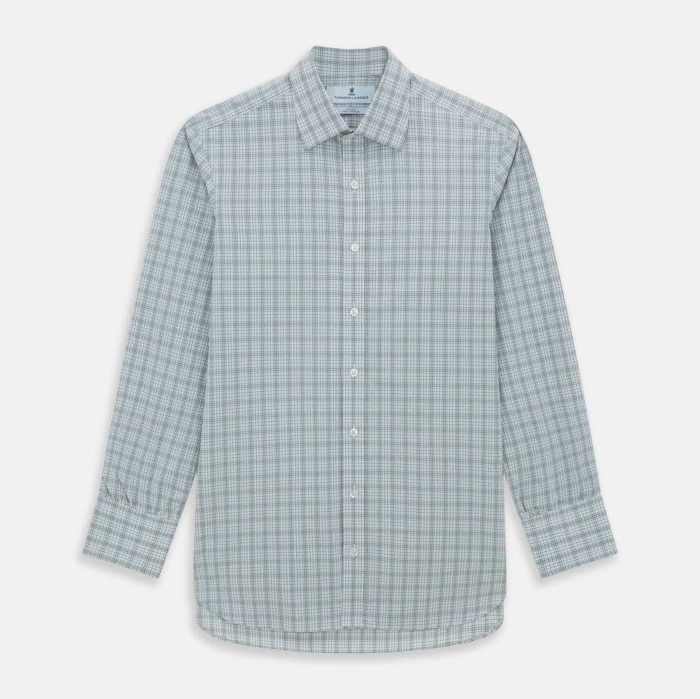 The Turnbull & Asser Grey Fine Multi Graph Check Mayfair Shirt features a breathable cotton fabric, classic T&A collar, white buttons, and a subtle plaid pattern, displayed on a white background.