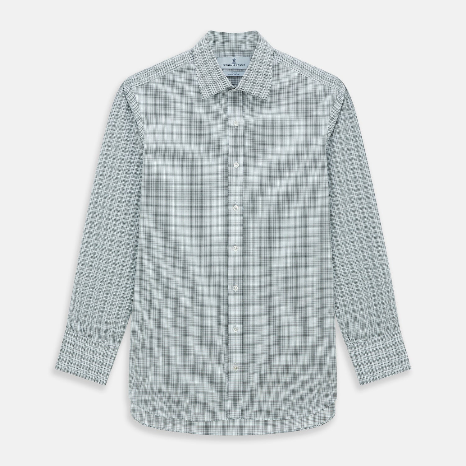 View 1 of product The Turnbull & Asser Grey Fine Multi Graph Check Mayfair Shirt features a breathable cotton fabric, classic T&A collar, white buttons, and a subtle plaid pattern, displayed on a white background.