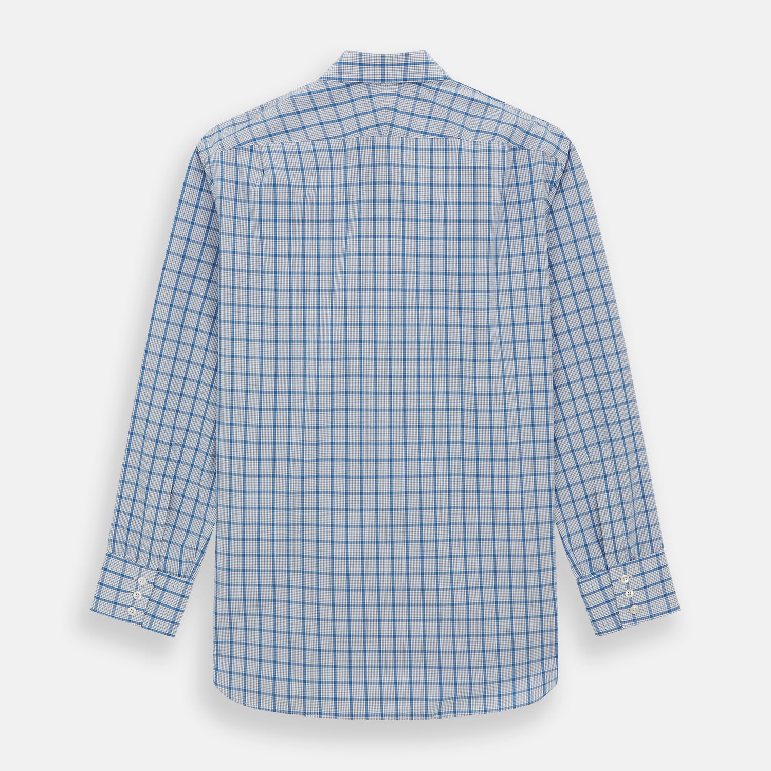 View 5 of product The Turnbull & Asser Blue Graph Overlay Check Mayfair Shirt features long sleeves, a spread collar, buttoned cuffs, and a blue and white plaid pattern, shown against a plain white background.
