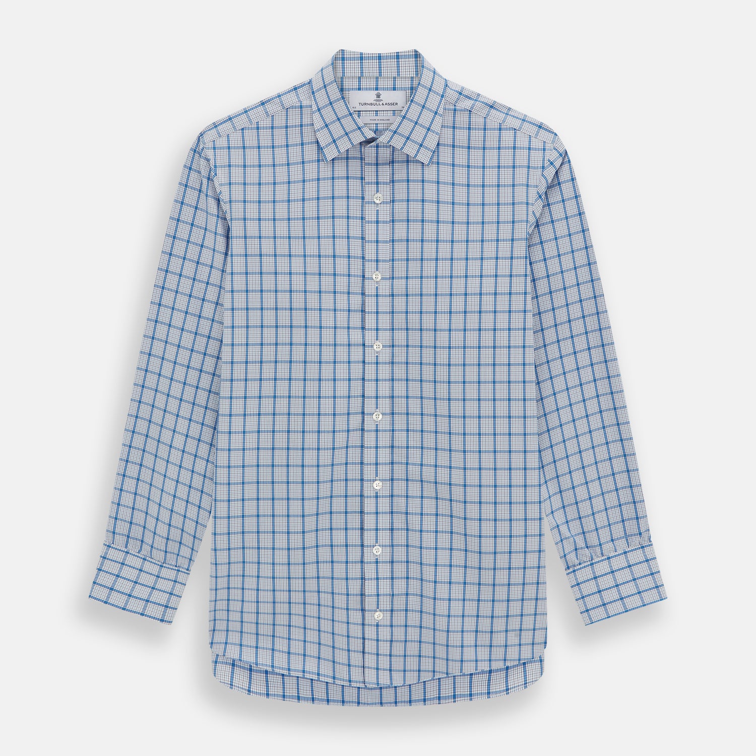 View 1 of product The Turnbull & Asser Blue Graph Overlay Check Mayfair Shirt features long sleeves, a spread collar, buttoned cuffs, and a blue and white plaid pattern, shown against a plain white background.