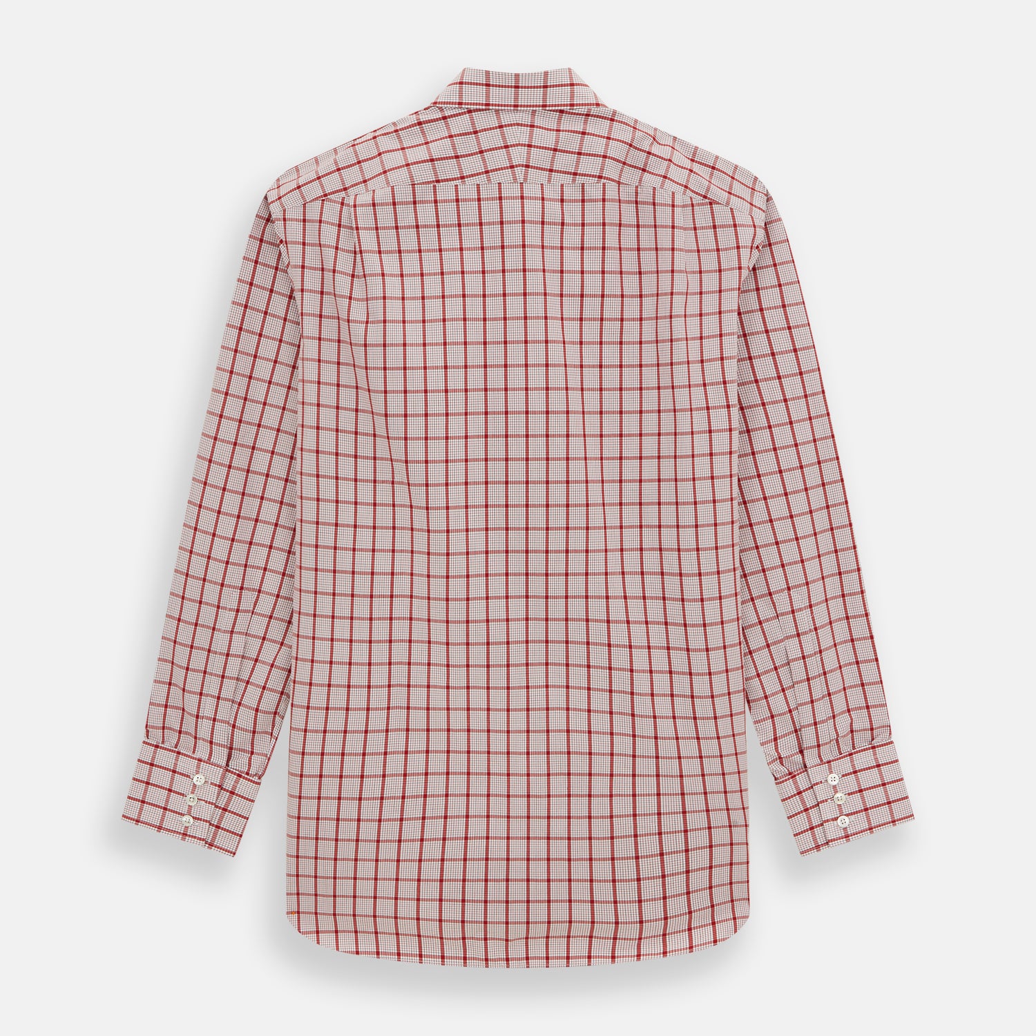 View 5 of product The Red Graph Overlay Check Mayfair Shirt by Turnbull & Asser is a long-sleeved, button-up shirt with a white base and red check pattern, featuring a collar and buttoned cuffs. Displayed on a plain white background.