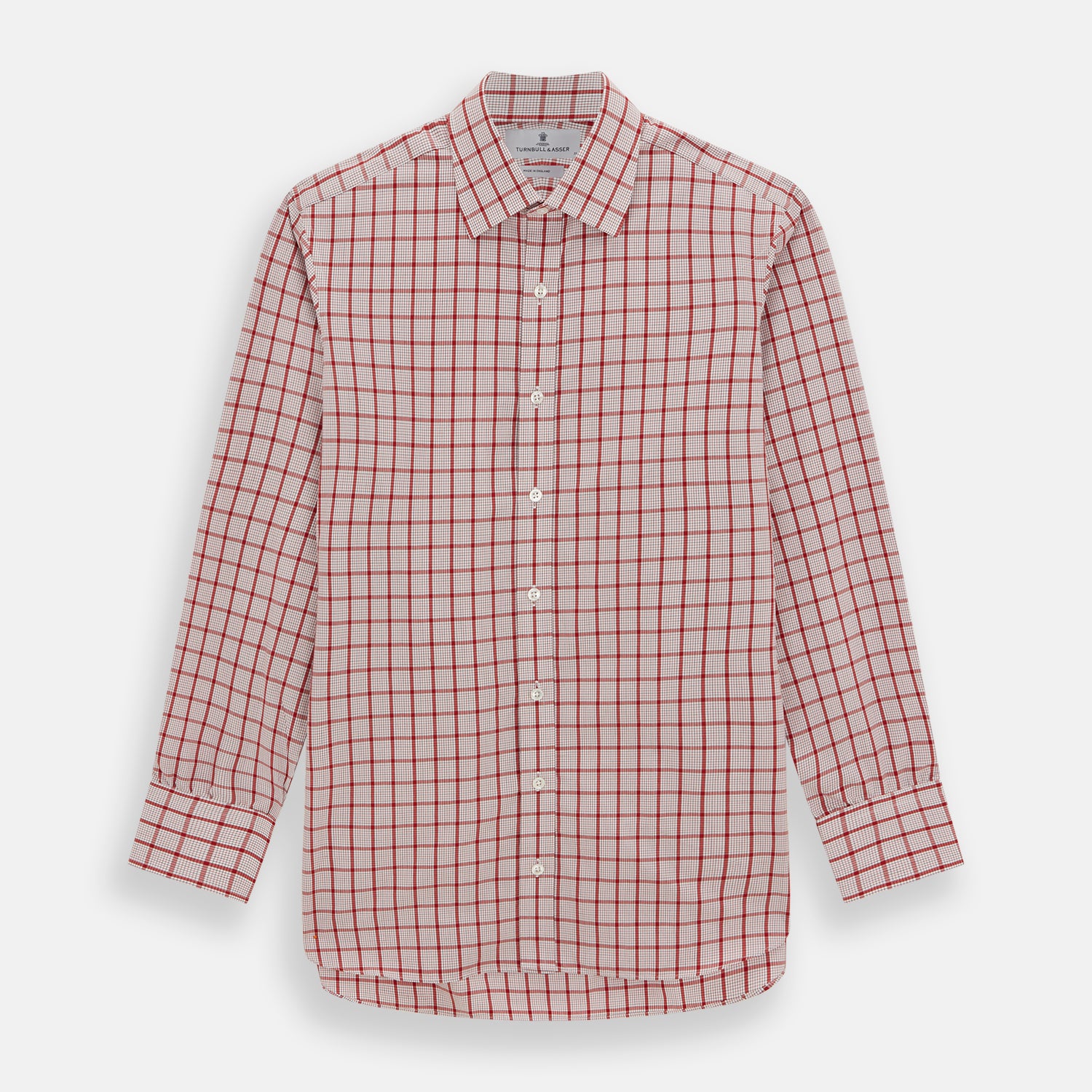 View 1 of product The Red Graph Overlay Check Mayfair Shirt by Turnbull & Asser is a long-sleeved, button-up shirt with a white base and red check pattern, featuring a collar and buttoned cuffs. Displayed on a plain white background.