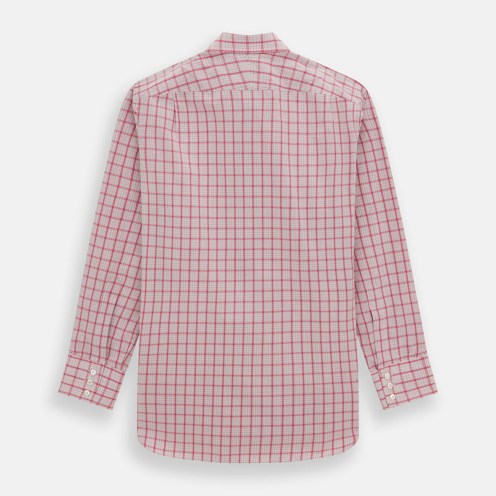 The Turnbull & Asser Pink Graph Overlay Check Mayfair Shirt features a classic collar, long sleeves, and a pink check pattern. Crafted from organic cotton, it is showcased against a plain white background.
