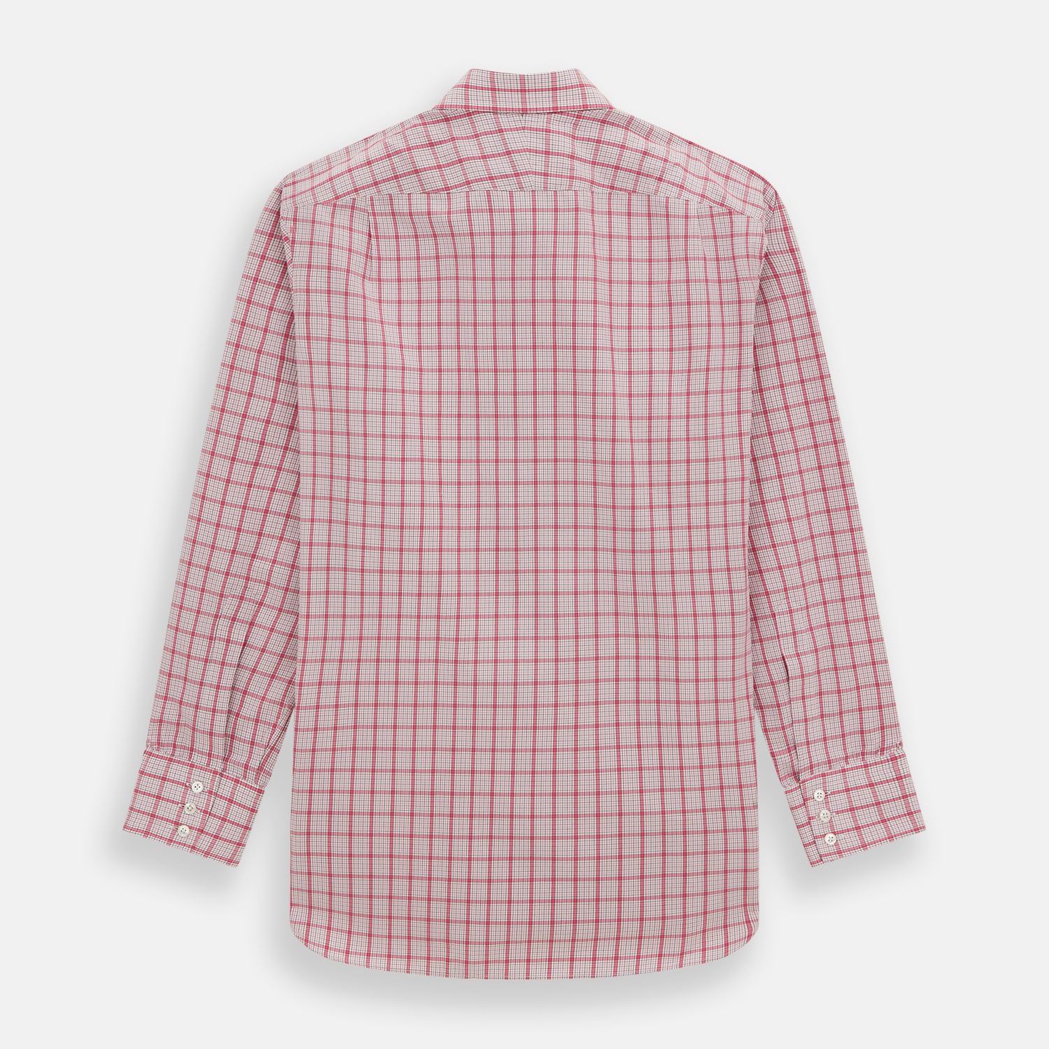 View 5 of product The Turnbull & Asser Pink Graph Overlay Check Mayfair Shirt features a classic collar, long sleeves, and a pink check pattern. Crafted from organic cotton, it is showcased against a plain white background.