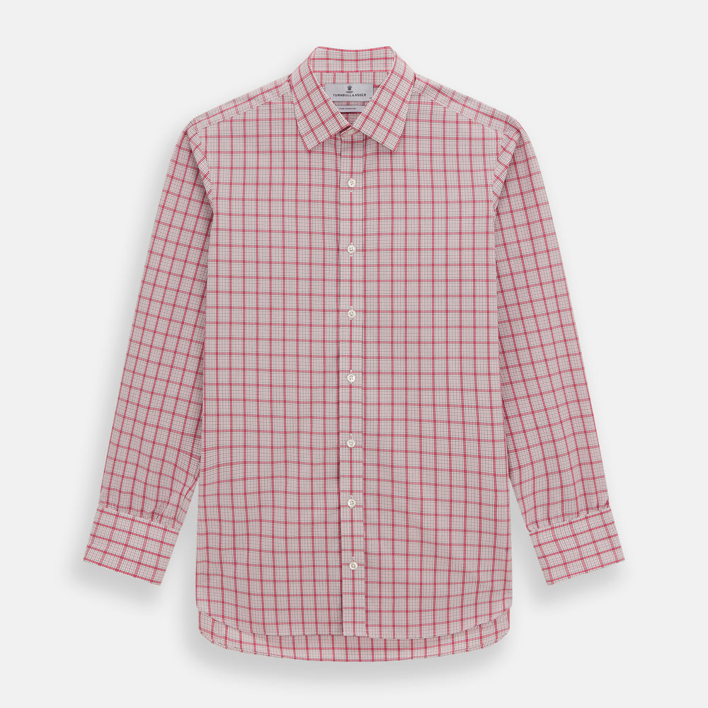 The Turnbull & Asser Pink Graph Overlay Check Mayfair Shirt features a classic collar, long sleeves, and a pink check pattern. Crafted from organic cotton, it is showcased against a plain white background.