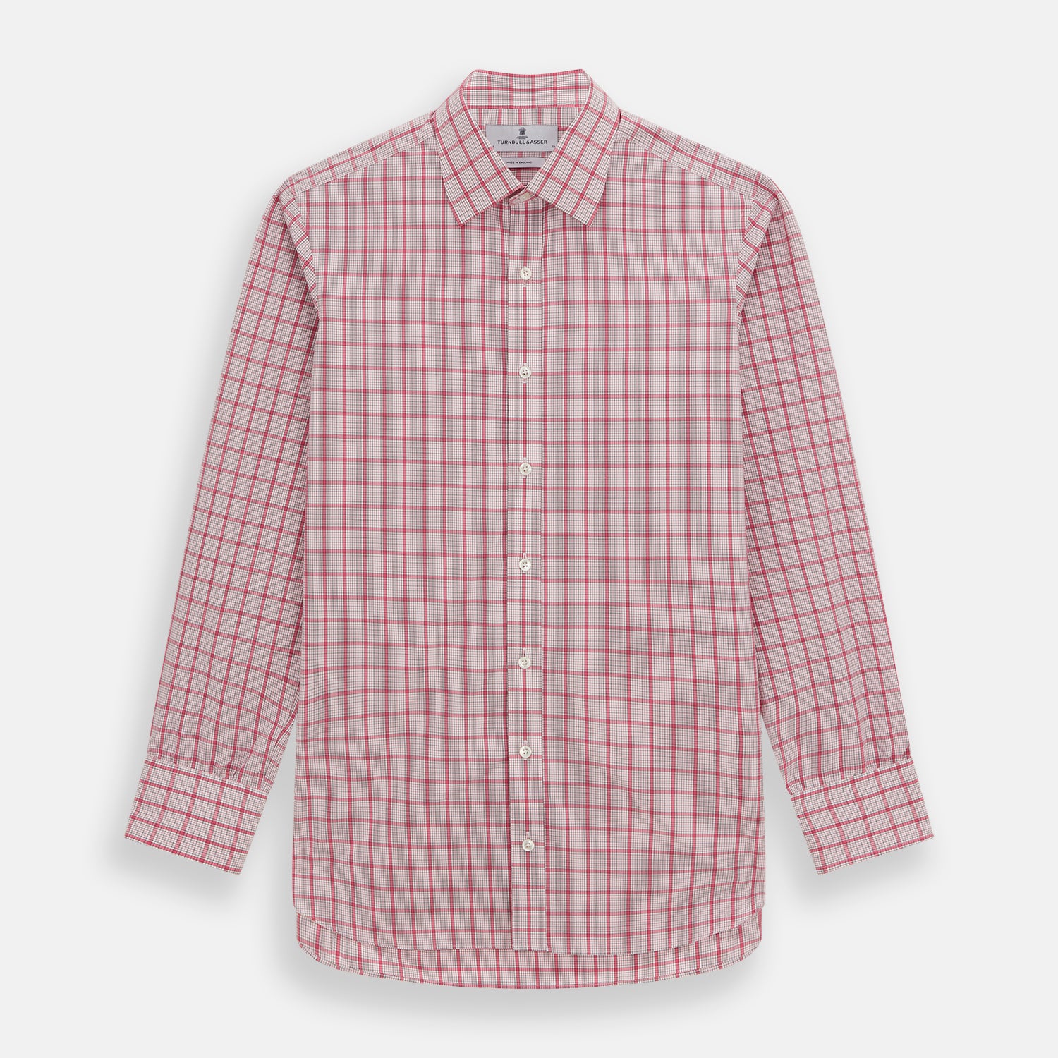 View 1 of product The Turnbull & Asser Pink Graph Overlay Check Mayfair Shirt features a classic collar, long sleeves, and a pink check pattern. Crafted from organic cotton, it is showcased against a plain white background.