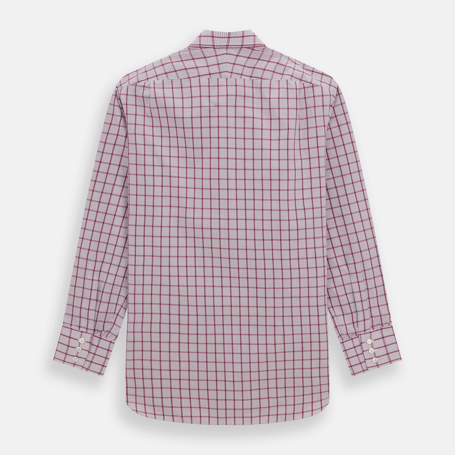 View 5 of product The Turnbull & Asser Purple Graph Overlay Check Mayfair Shirt is a long-sleeve, button-up shirt with a check pattern, classic collar, and buttoned cuffs, displayed against a plain white background.