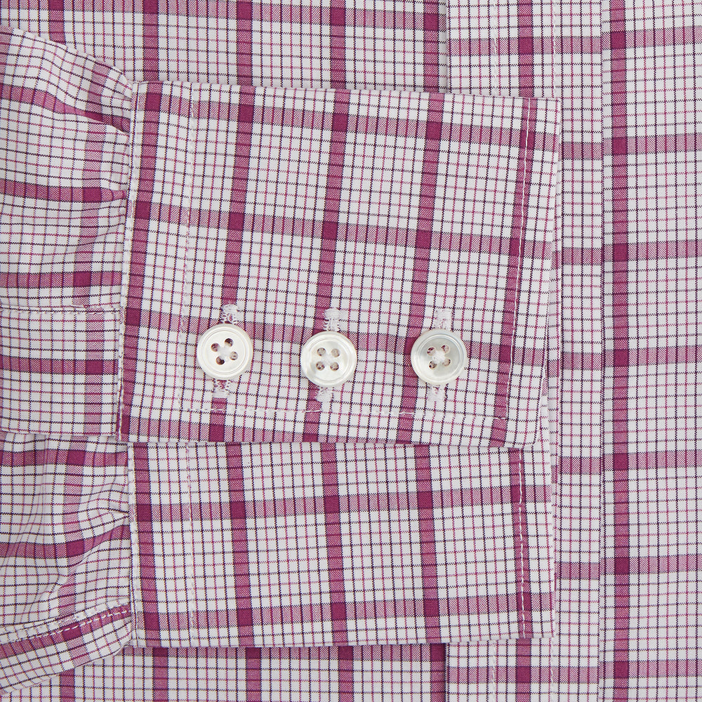 The Turnbull & Asser Purple Graph Overlay Check Mayfair Shirt is a long-sleeve, button-up shirt with a check pattern, classic collar, and buttoned cuffs, displayed against a plain white background.