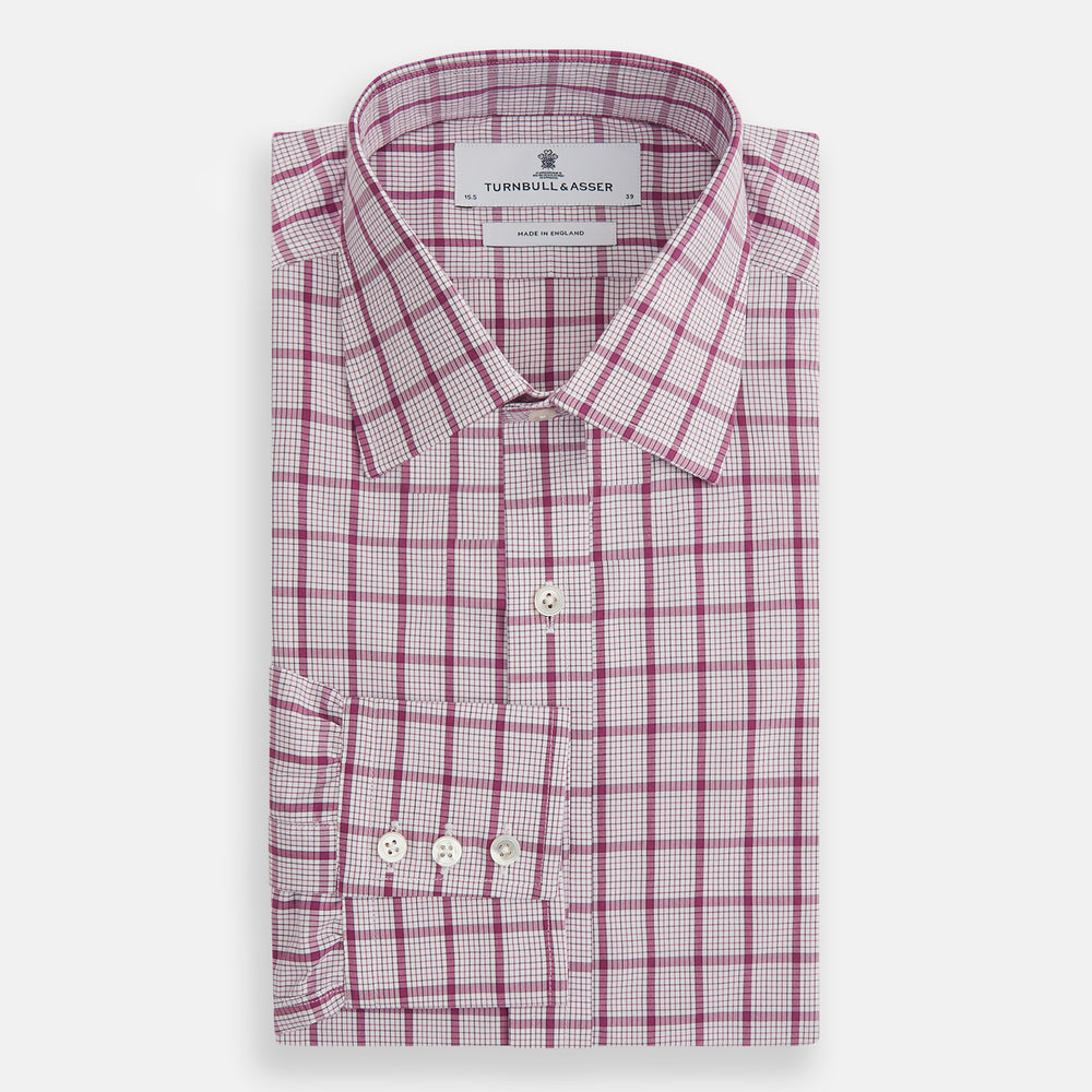 The Turnbull & Asser Purple Graph Overlay Check Mayfair Shirt is a long-sleeve, button-up shirt with a check pattern, classic collar, and buttoned cuffs, displayed against a plain white background.