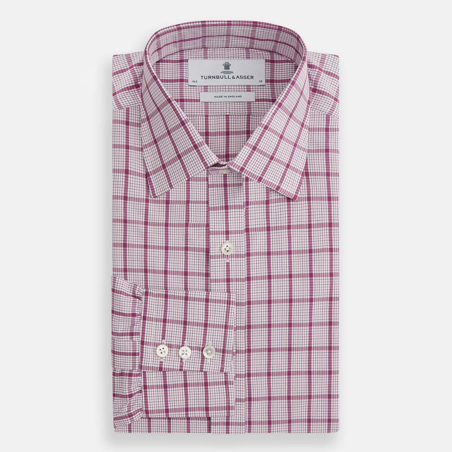 View 4 of product The Turnbull & Asser Purple Graph Overlay Check Mayfair Shirt is a long-sleeve, button-up shirt with a check pattern, classic collar, and buttoned cuffs, displayed against a plain white background.