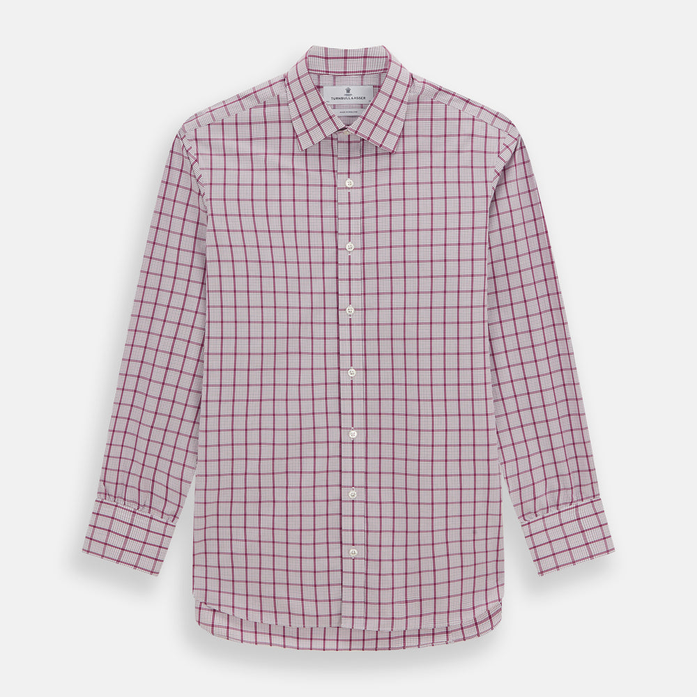 The Turnbull & Asser Purple Graph Overlay Check Mayfair Shirt is a long-sleeve, button-up shirt with a check pattern, classic collar, and buttoned cuffs, displayed against a plain white background.