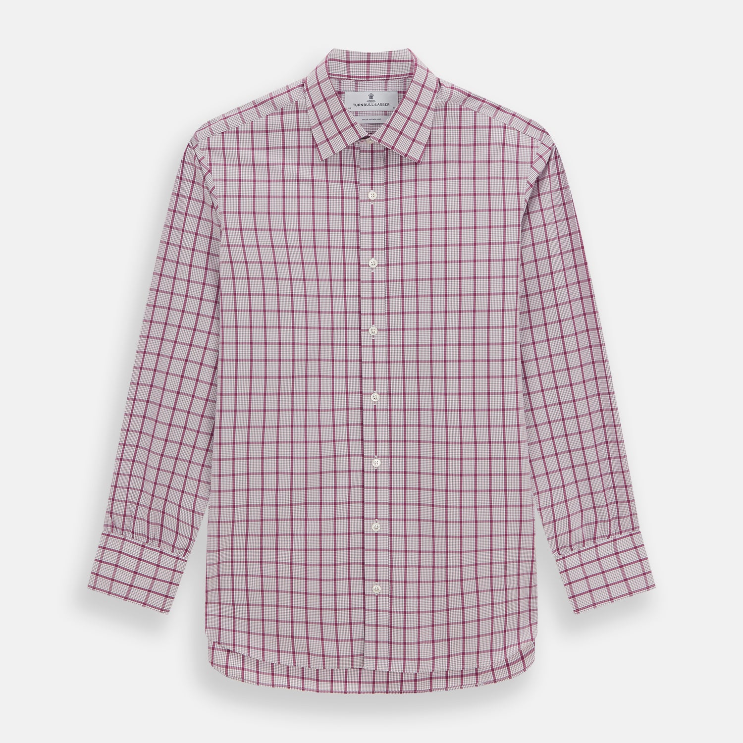 View 1 of product The Turnbull & Asser Purple Graph Overlay Check Mayfair Shirt is a long-sleeve, button-up shirt with a check pattern, classic collar, and buttoned cuffs, displayed against a plain white background.