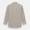View 5 of product The Turnbull & Asser Brown Graph Overlay Check Mayfair Shirt, an organic cotton long-sleeve button-up with collar and cuffed sleeves, features a beige and white check pattern and is shown laid flat on a white background.