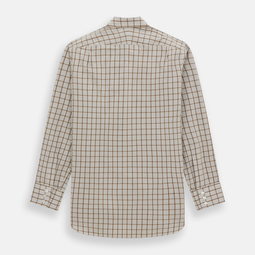 The Turnbull & Asser Brown Graph Overlay Check Mayfair Shirt, an organic cotton long-sleeve button-up with collar and cuffed sleeves, features a beige and white check pattern and is shown laid flat on a white background.