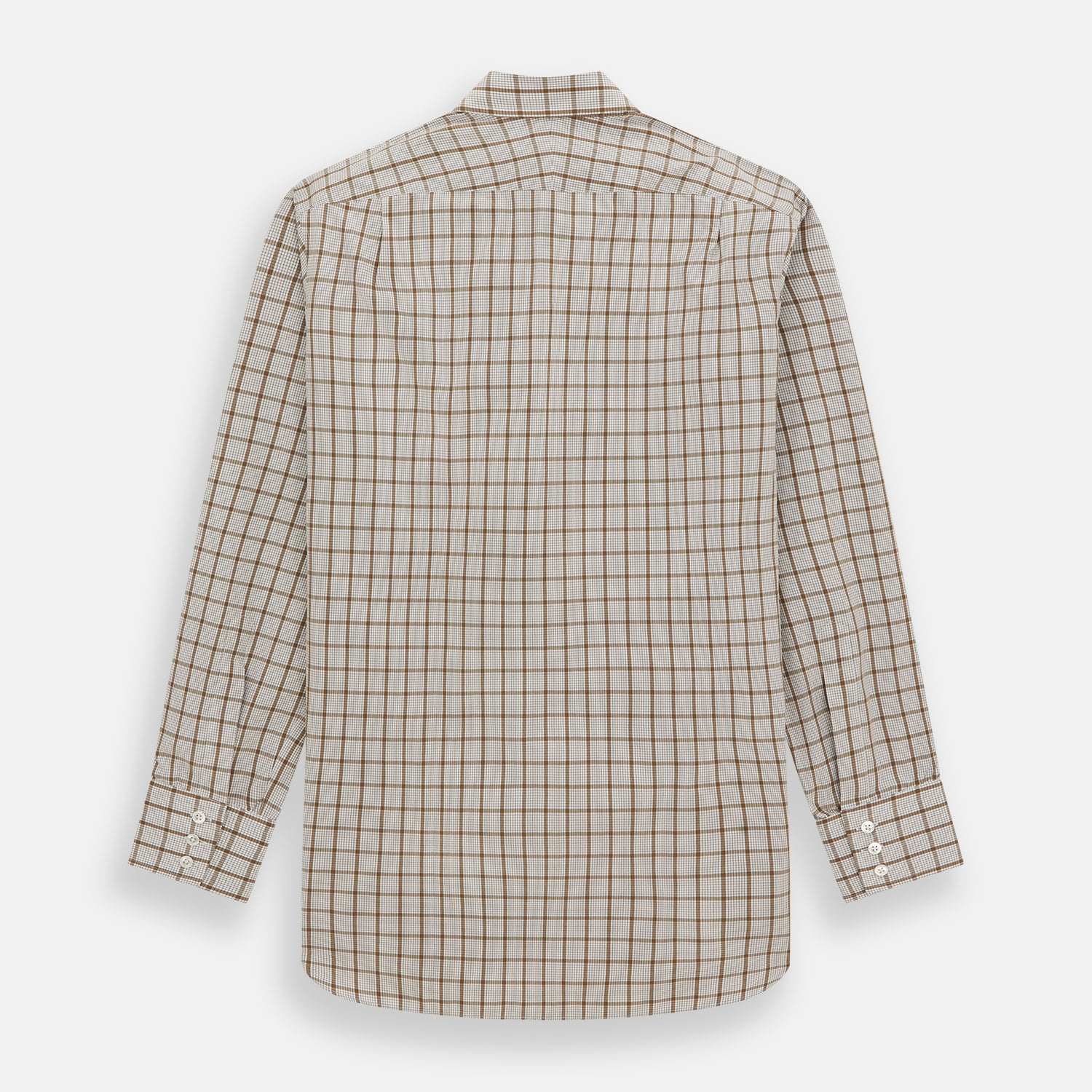 View 5 of product The Turnbull & Asser Brown Graph Overlay Check Mayfair Shirt, an organic cotton long-sleeve button-up with collar and cuffed sleeves, features a beige and white check pattern and is shown laid flat on a white background.