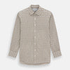 View 1 of product The Turnbull & Asser Brown Graph Overlay Check Mayfair Shirt, an organic cotton long-sleeve button-up with collar and cuffed sleeves, features a beige and white check pattern and is shown laid flat on a white background.