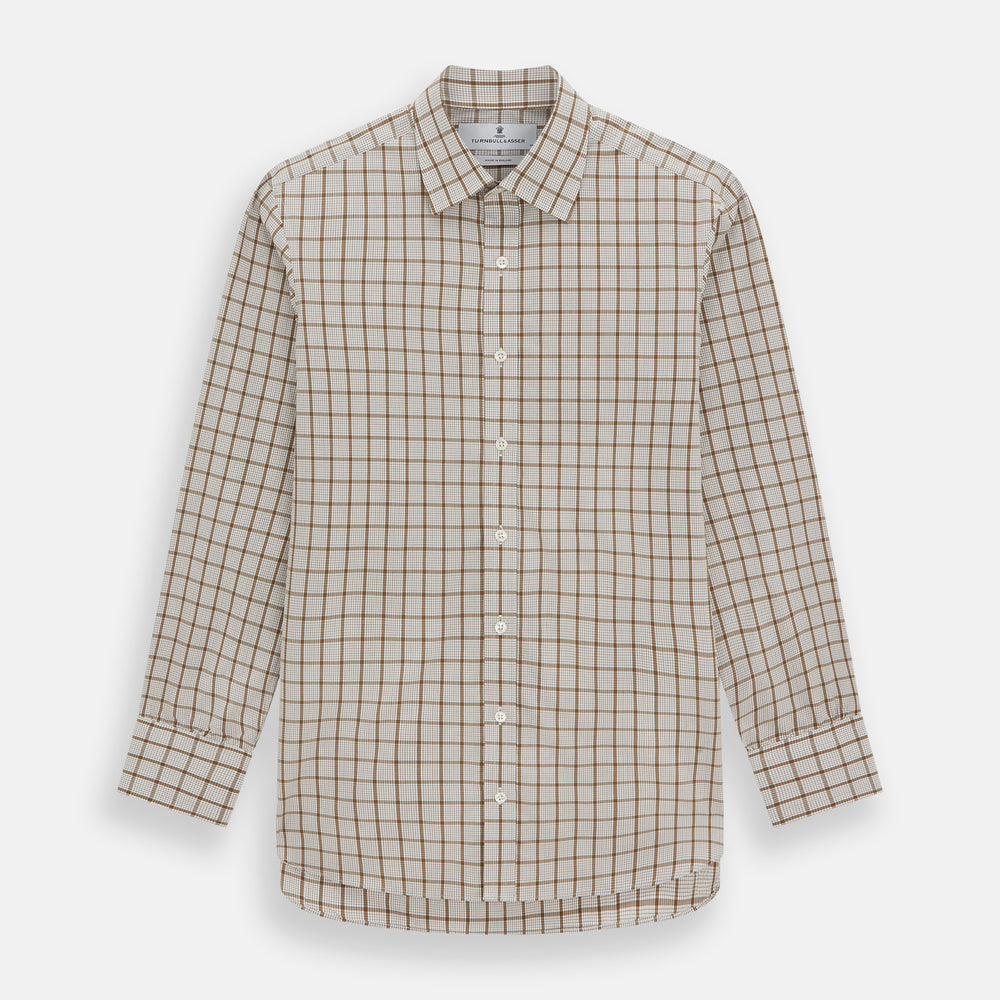 The Turnbull & Asser Brown Graph Overlay Check Mayfair Shirt, an organic cotton long-sleeve button-up with collar and cuffed sleeves, features a beige and white check pattern and is shown laid flat on a white background.