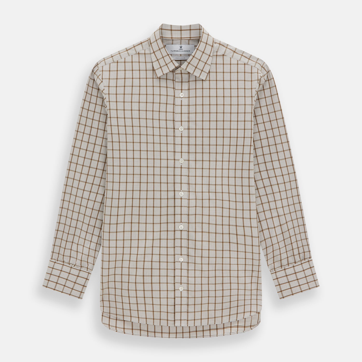 View 1 of product The Turnbull & Asser Brown Graph Overlay Check Mayfair Shirt, an organic cotton long-sleeve button-up with collar and cuffed sleeves, features a beige and white check pattern and is shown laid flat on a white background.