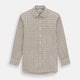 The Turnbull & Asser Brown Graph Overlay Check Mayfair Shirt, an organic cotton long-sleeve button-up with collar and cuffed sleeves, features a beige and white check pattern and is shown laid flat on a white background.
