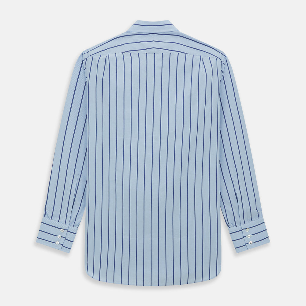 The Blue Track Stripe Mayfair Shirt by Turnbull & Asser features long sleeves, a T&A collar, vertical dark blue stripes on light blue organic cotton, and is shown against a plain white background.