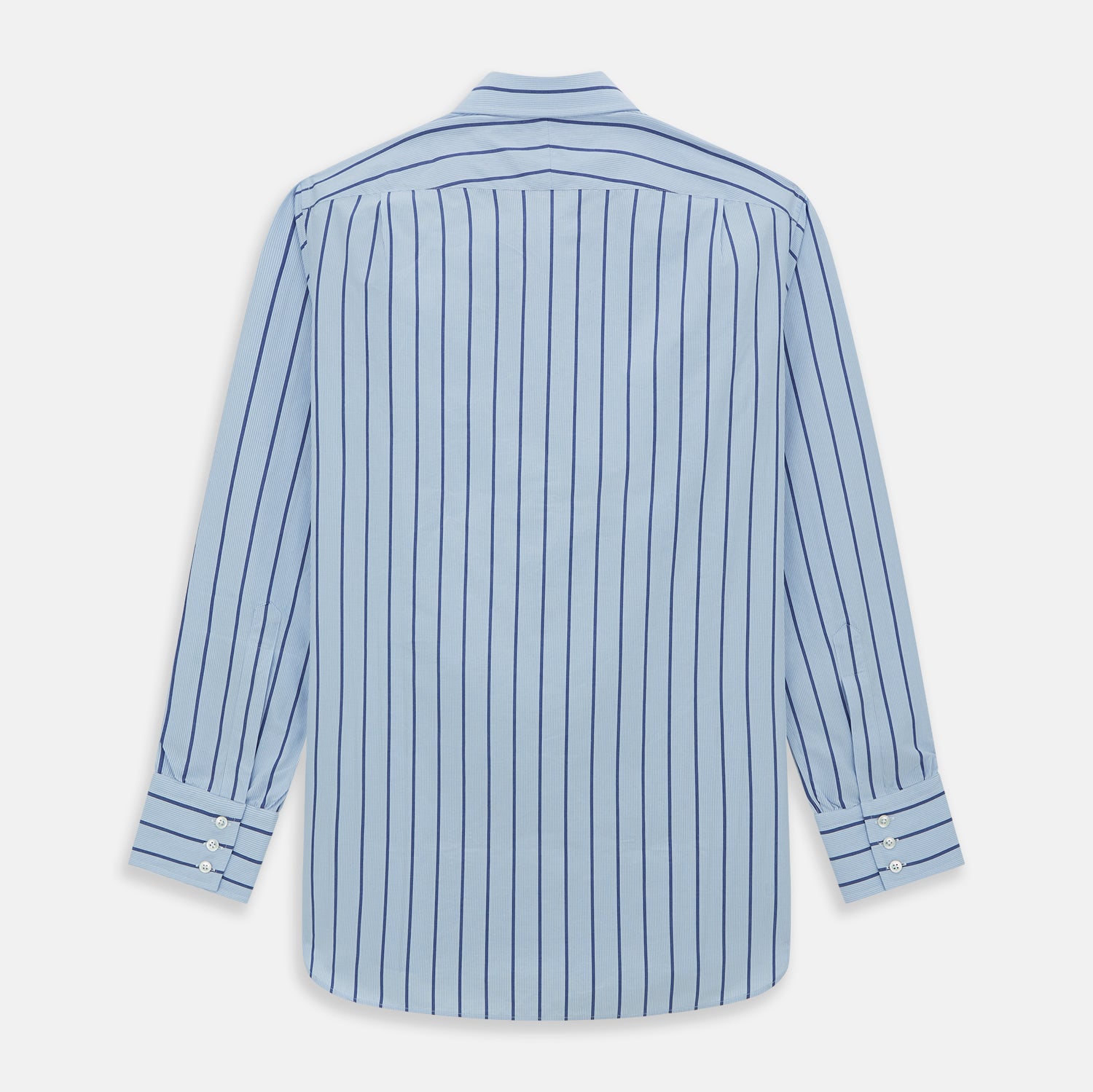 View 6 of product The Blue Track Stripe Mayfair Shirt by Turnbull & Asser features long sleeves, a T&A collar, vertical dark blue stripes on light blue organic cotton, and is shown against a plain white background.