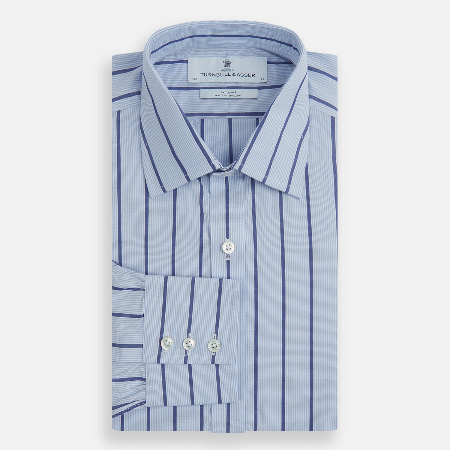 View 4 of product The Blue Track Stripe Mayfair Shirt by Turnbull & Asser features long sleeves, a T&A collar, vertical dark blue stripes on light blue organic cotton, and is shown against a plain white background.