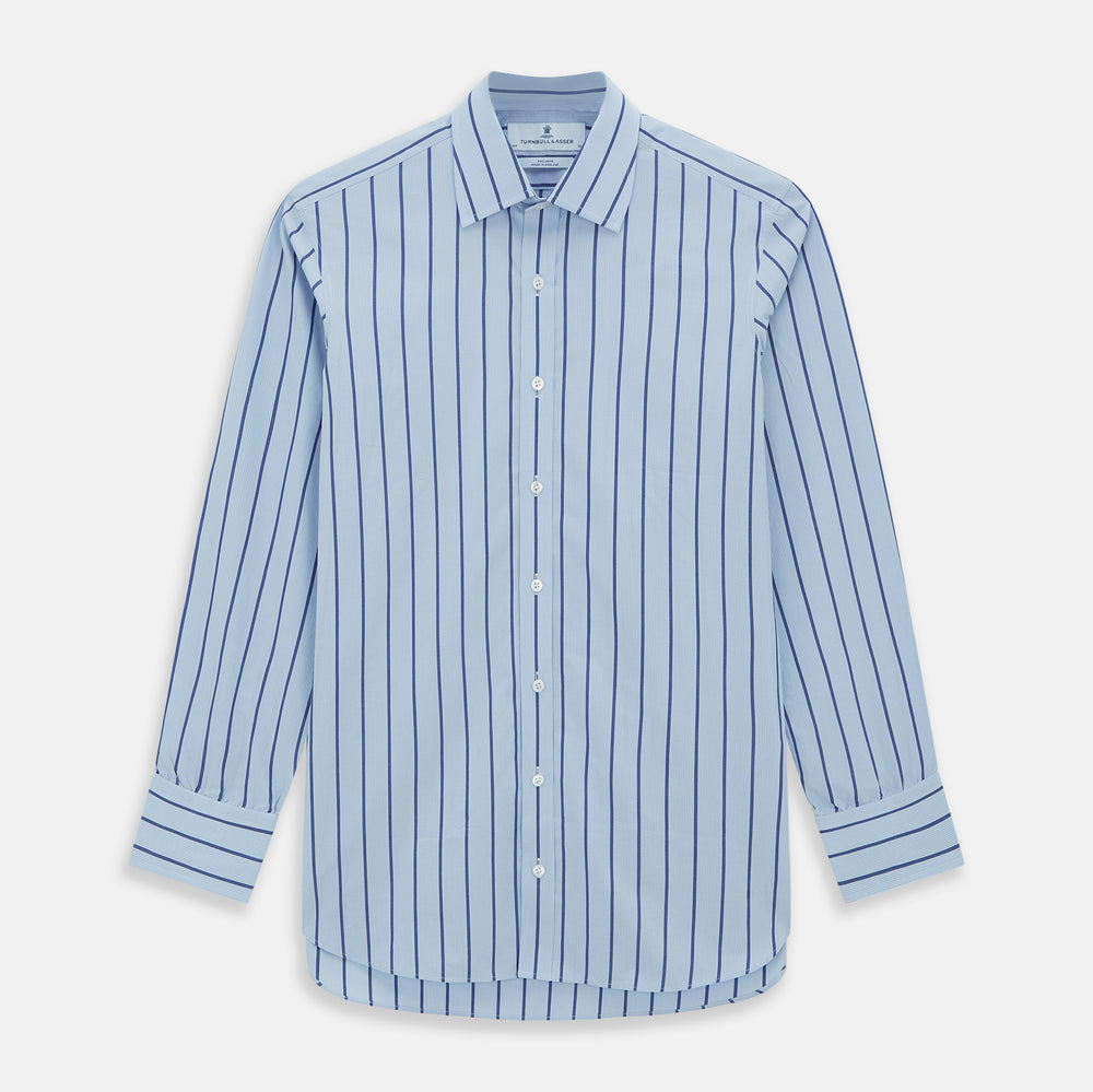 The Blue Track Stripe Mayfair Shirt by Turnbull & Asser features long sleeves, a T&A collar, vertical dark blue stripes on light blue organic cotton, and is shown against a plain white background.