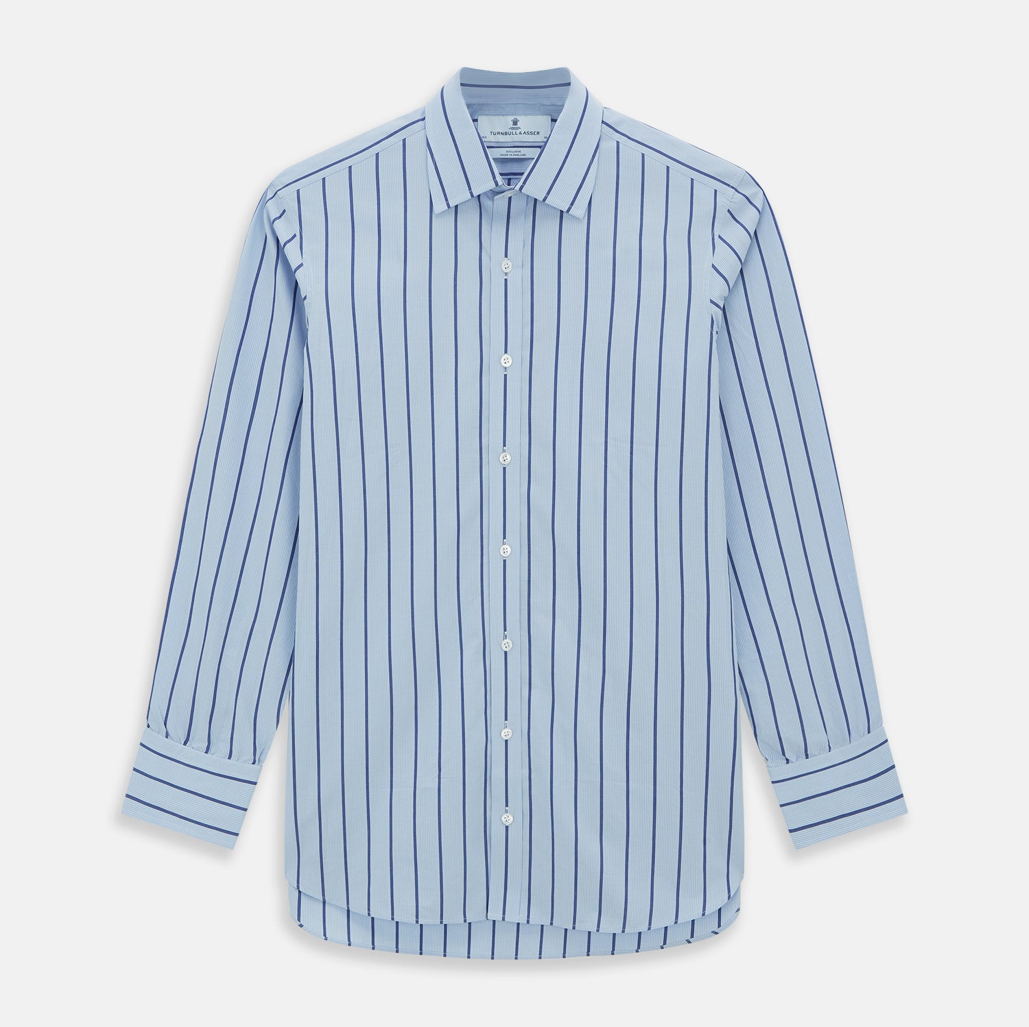 View 1 of product The Blue Track Stripe Mayfair Shirt by Turnbull & Asser features long sleeves, a T&A collar, vertical dark blue stripes on light blue organic cotton, and is shown against a plain white background.