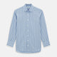 The Blue Track Stripe Mayfair Shirt by Turnbull & Asser features long sleeves, a T&A collar, vertical dark blue stripes on light blue organic cotton, and is shown against a plain white background.