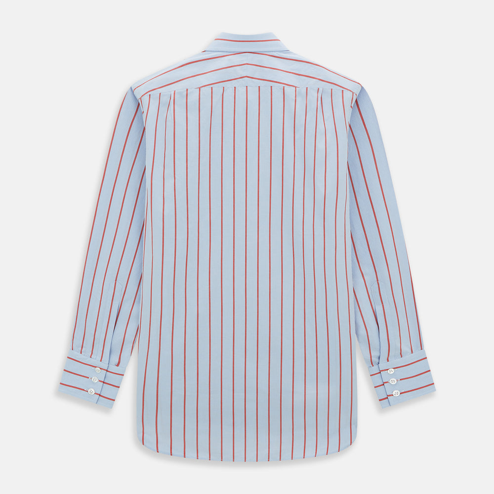 The Red Track Stripe Mayfair Shirt by Turnbull & Asser is made from organic cotton, features a T&A collar, and displays red vertical stripes on light blue, shown against a plain white background.
