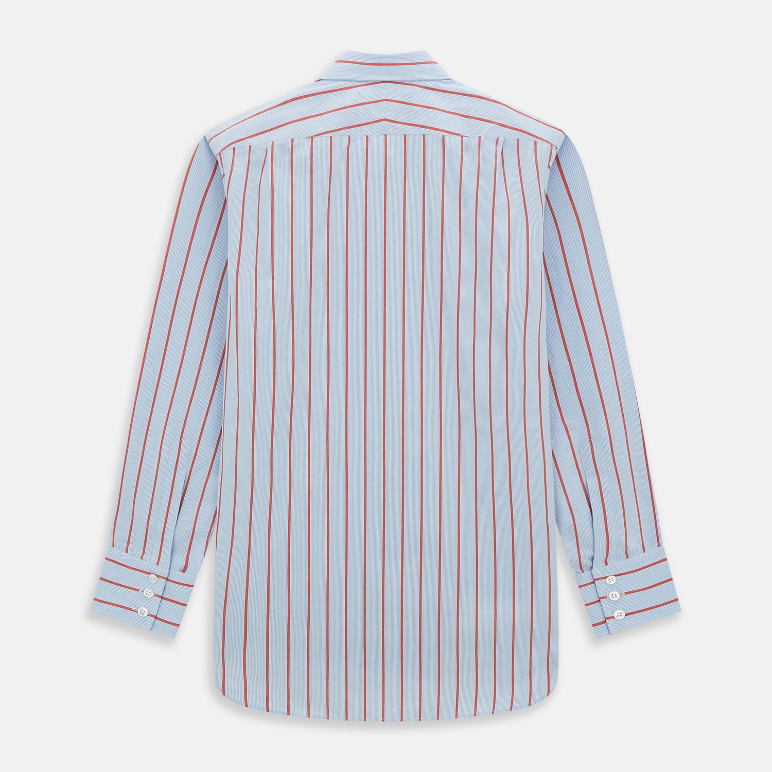 View 6 of product The Red Track Stripe Mayfair Shirt by Turnbull & Asser is made from organic cotton, features a T&A collar, and displays red vertical stripes on light blue, shown against a plain white background.