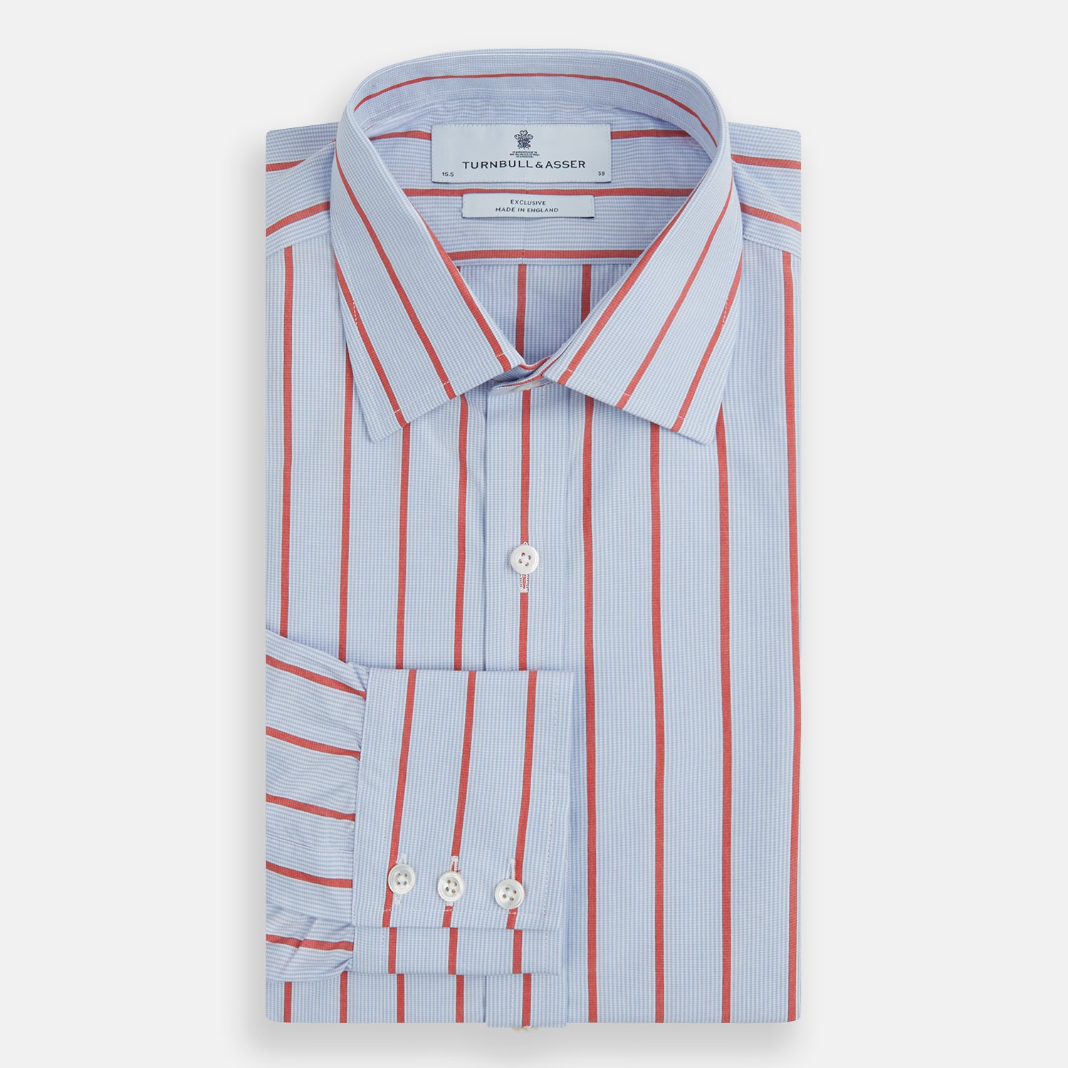 View 4 of product The Red Track Stripe Mayfair Shirt by Turnbull & Asser is made from organic cotton, features a T&A collar, and displays red vertical stripes on light blue, shown against a plain white background.