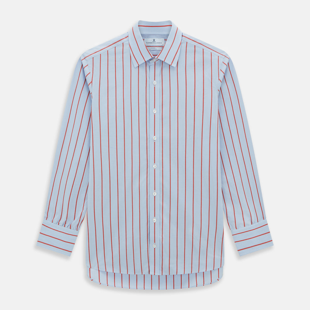The Red Track Stripe Mayfair Shirt by Turnbull & Asser is made from organic cotton, features a T&A collar, and displays red vertical stripes on light blue, shown against a plain white background.