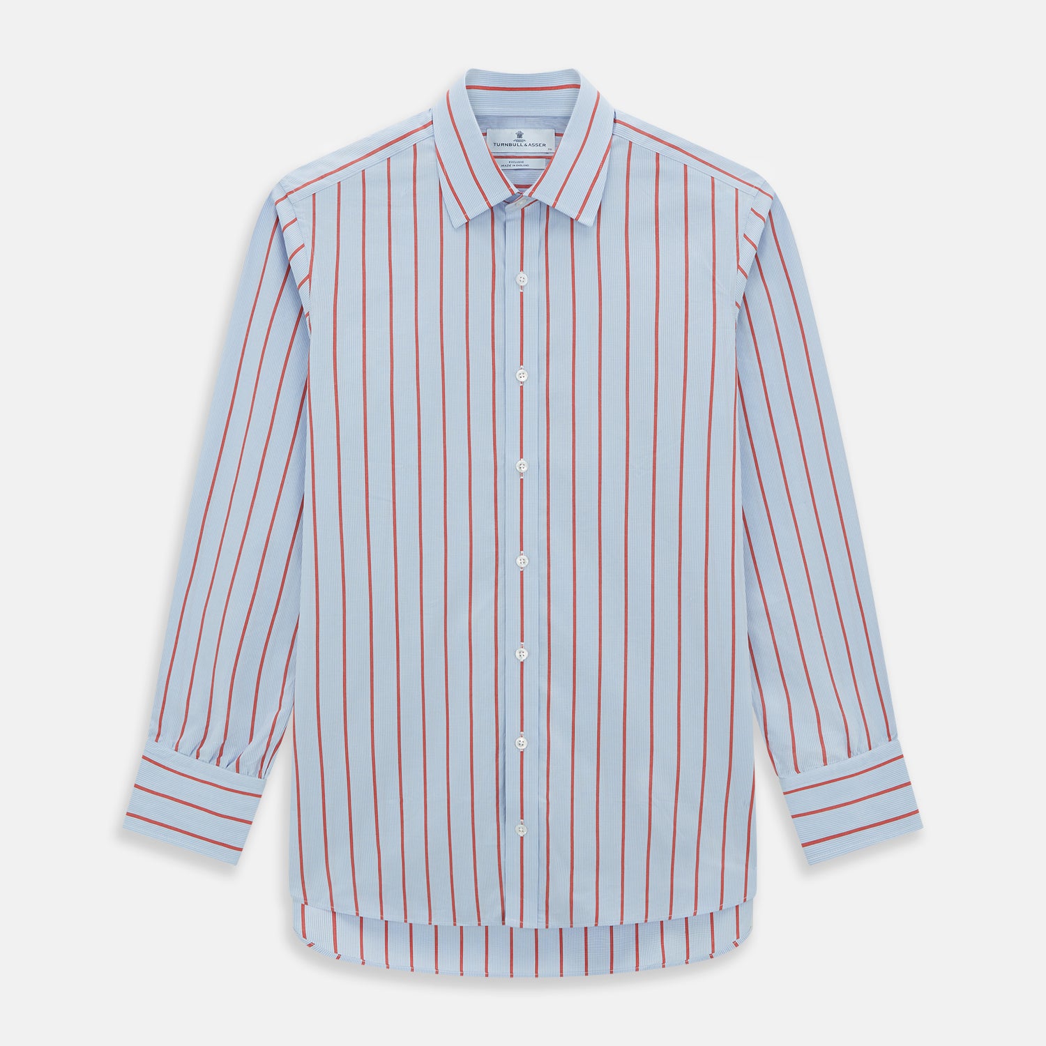 View 1 of product The Red Track Stripe Mayfair Shirt by Turnbull & Asser is made from organic cotton, features a T&A collar, and displays red vertical stripes on light blue, shown against a plain white background.