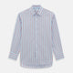 The Red Track Stripe Mayfair Shirt by Turnbull & Asser is made from organic cotton, features a T&A collar, and displays red vertical stripes on light blue, shown against a plain white background.